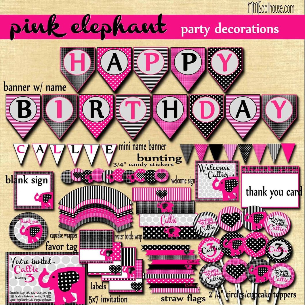 Pink Elephant Party Printable Collection